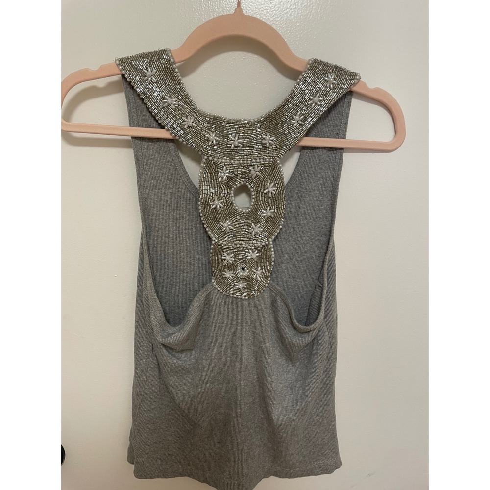 Y2K Beaded Back Racerback Tank Top Newport News Grey Ribbed Size M - Picture 1 of 4
